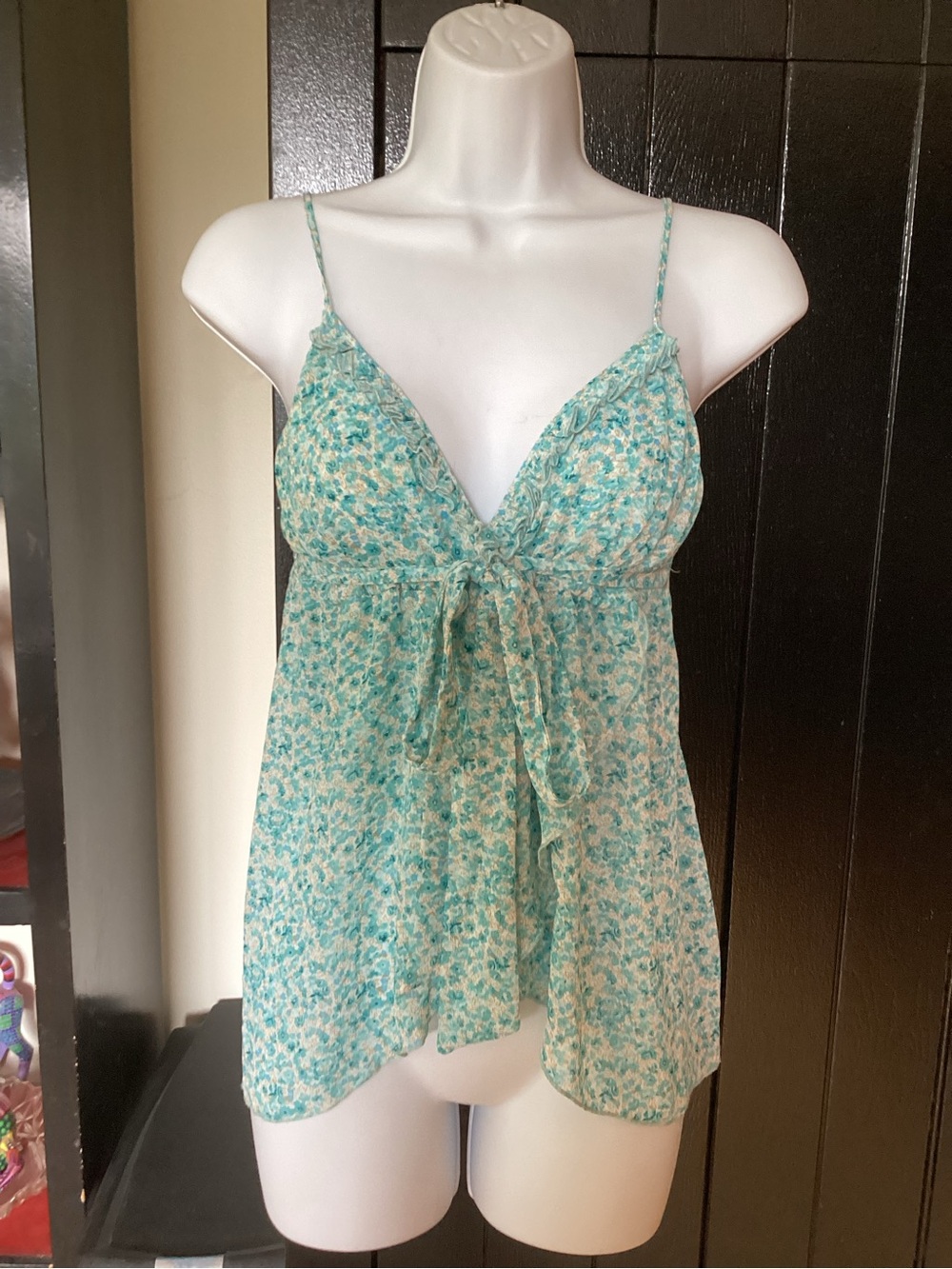 Light Blue Floral Tie-Front Spaghetti Strap Top